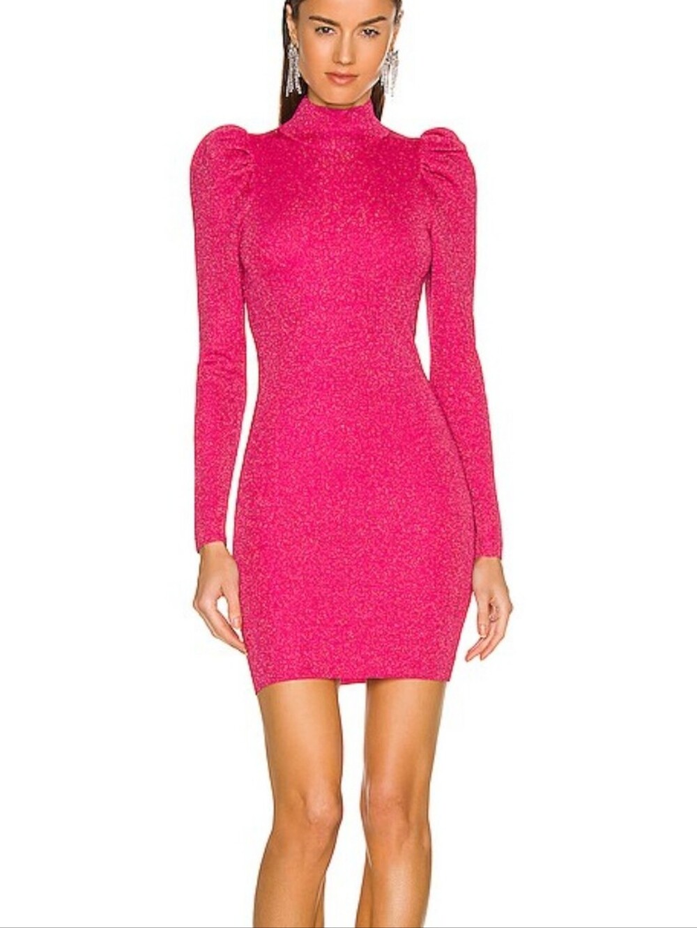 Alice + Olivia Issa Sparkle Pink Turtleneck   Puff Long-Sleeve Bodycon Dress